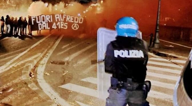 Rome,Italy: Demonstration through the streets of Trastevere and roads blocked against 41 bis,in solidarity with anarchists Alfredo Cospito, Juan Sorroche, Ivan Alocco and Anna Beniamino on hunger strike