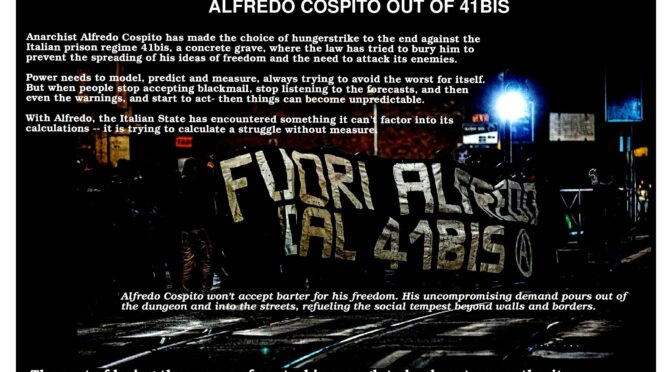 EN/IT/FR/ES/ Rome, Italy: Rome’s Surveillance Court has denied the request on behalf of Alfredo Cospito to revoke his detention under 41bis prison regime (Oct.23rd, 2023)
